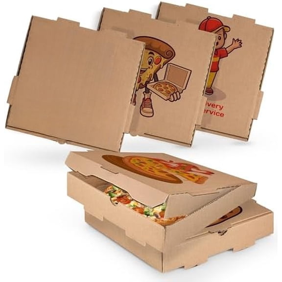 Custom Printed Kraft Pizza Boxes with logo - 10 x 10 x 1.75 Corrugated Cardboard - Pack of 5-50