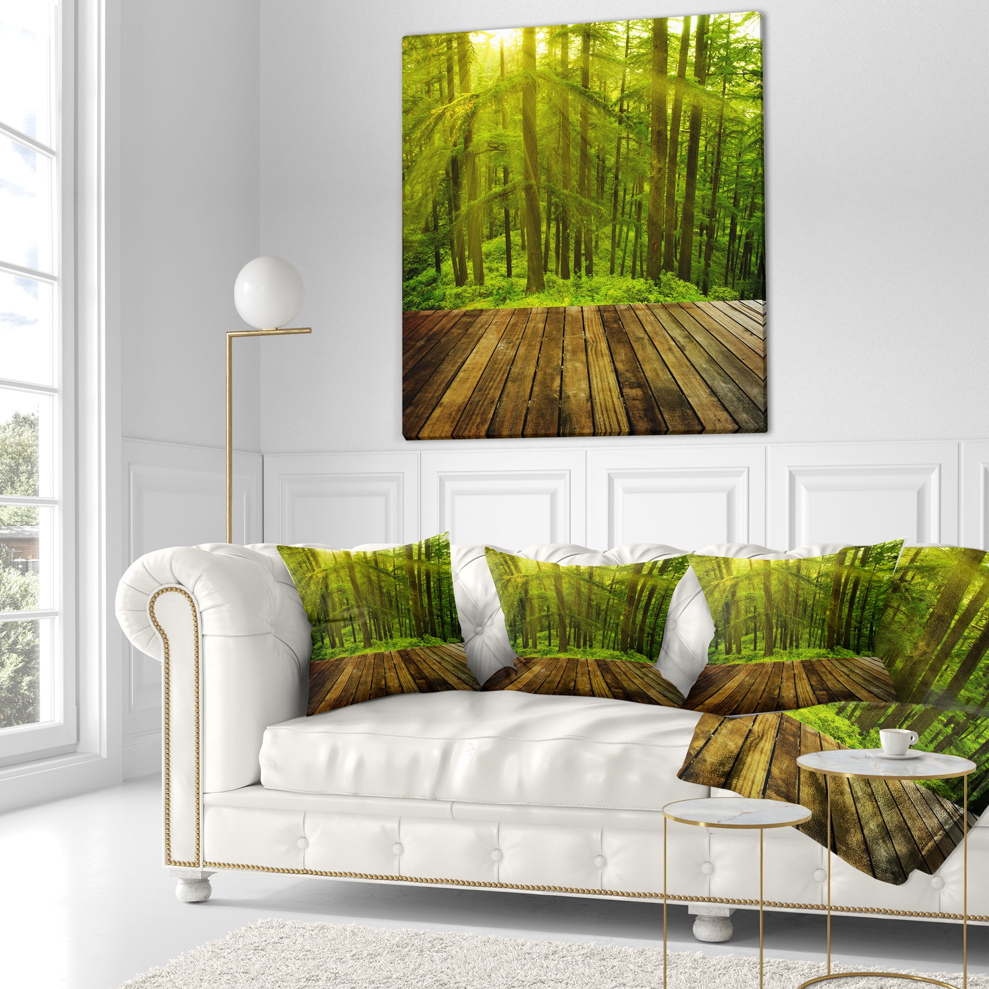 Designart Golden Sunlight in Pine Forest - Landscape Photography Throw Pillow - 16x16