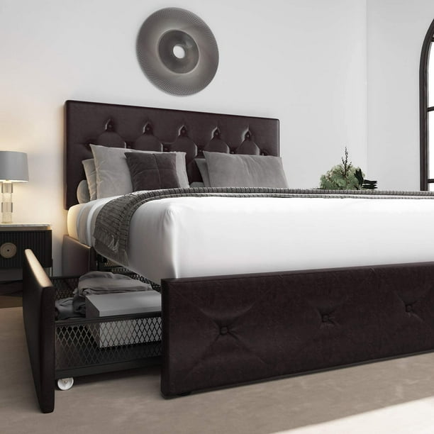 Platform Bed Frame With 4 Drawers, Leather Queen Bed Frame With Storage