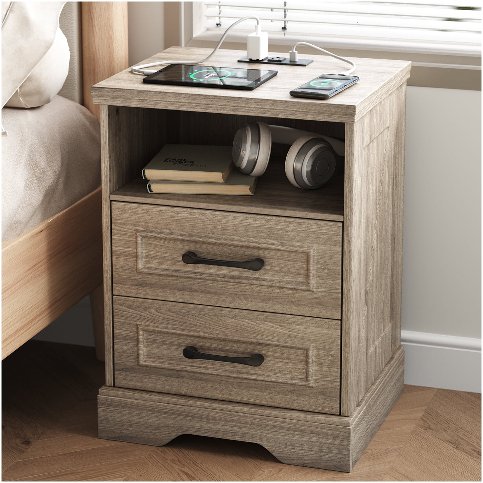 Nightstand Set of 2 with Charging Station, Farmhouse End Table with 2 Drawers Storage Side Table Bedside Cabinet for Bedroom Living Room,Gray