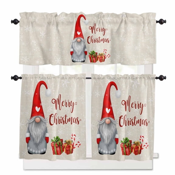 Merry Christmas Kitchen Curtains and Valances Set, Red Dwarfs Winter Gifts Snowflakes Retro Linen Rod Pocket Window Valance Window Curtain Panels for Living Room Bedroom Laundry, 27.5x24in, 3 Pieces