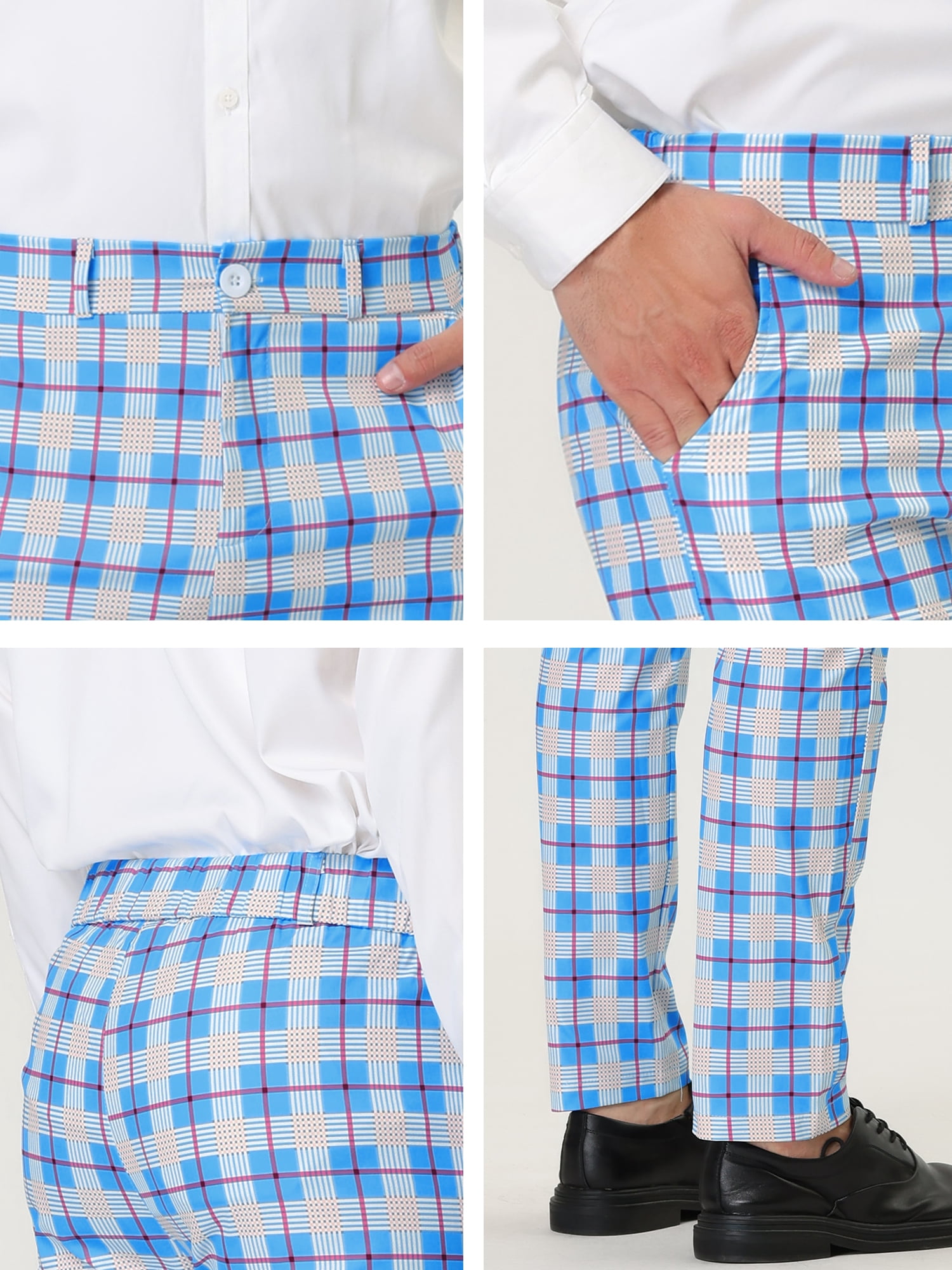 Unique Bargains Men's Formal Color Block Slim Fit Flat Front Plaid Pants 30 Gray Blue
