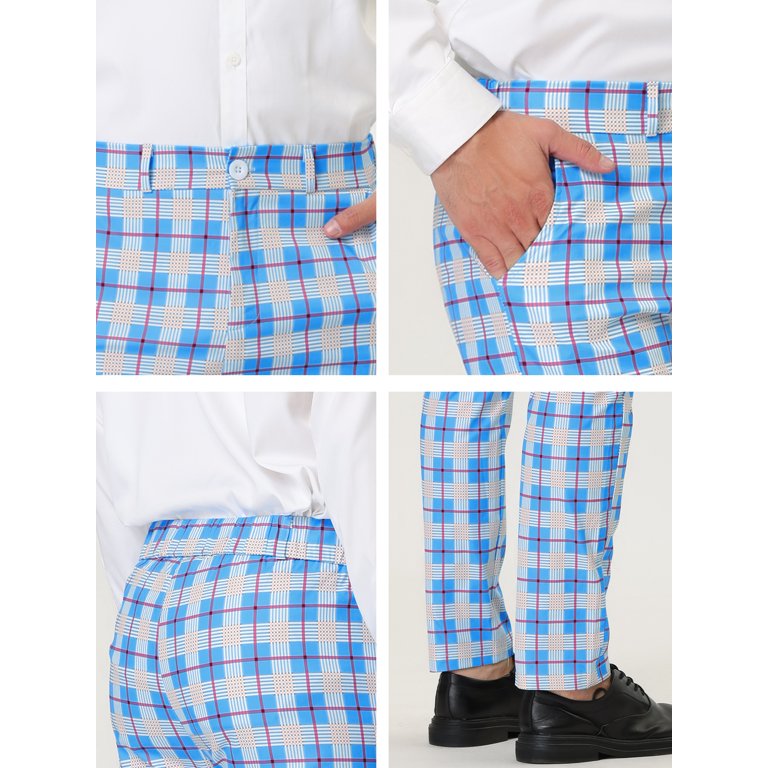 Lars Amadeus Men's Color Block Slim Fit Flat Front Plaid Dress Pants Light  Blue 38