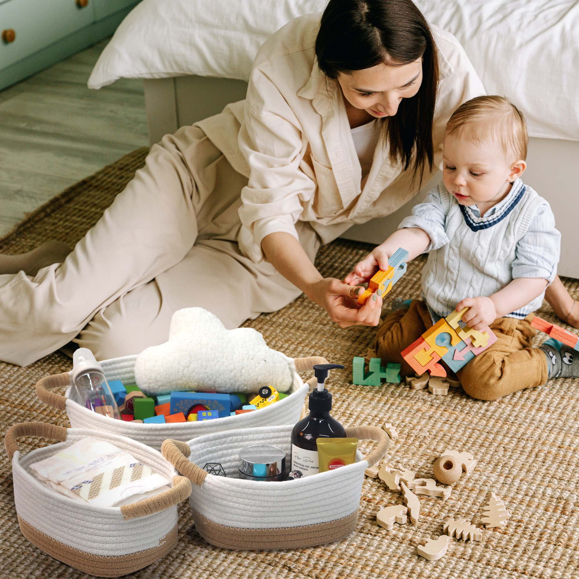 Caroeas 3-Piece Small Cotton Rope Basket, Woven Storage Basket Set, Nesting Bins for Organizing Shelves, Baby, Nursery, Toy Storage, Montessori, White and Brown