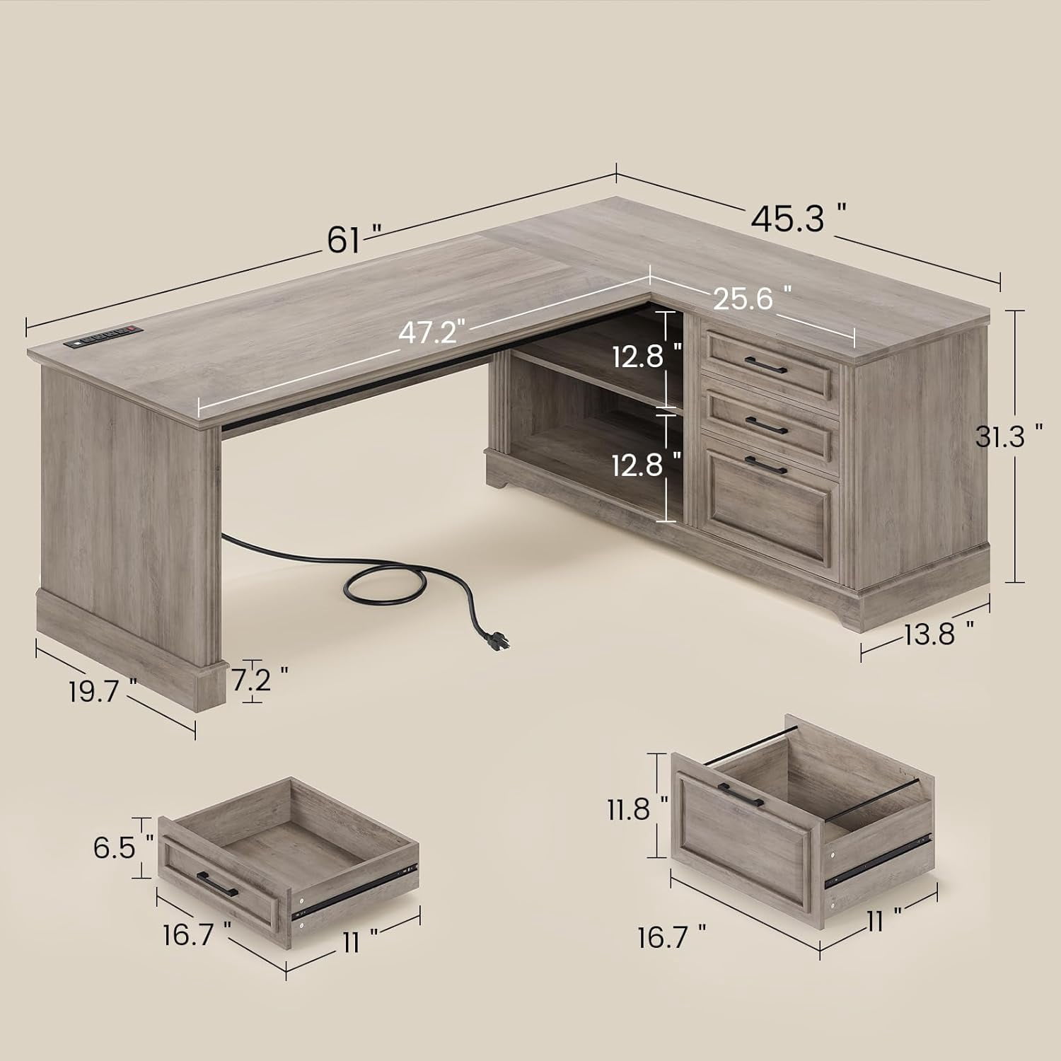 SEDETA Executive Desk, 61" Farmhouse L Shaped Desk with File Drawers, Office Desk with Drawers and Power Outlets, Computer Desk with Storage Shelves for Home Office, Grey