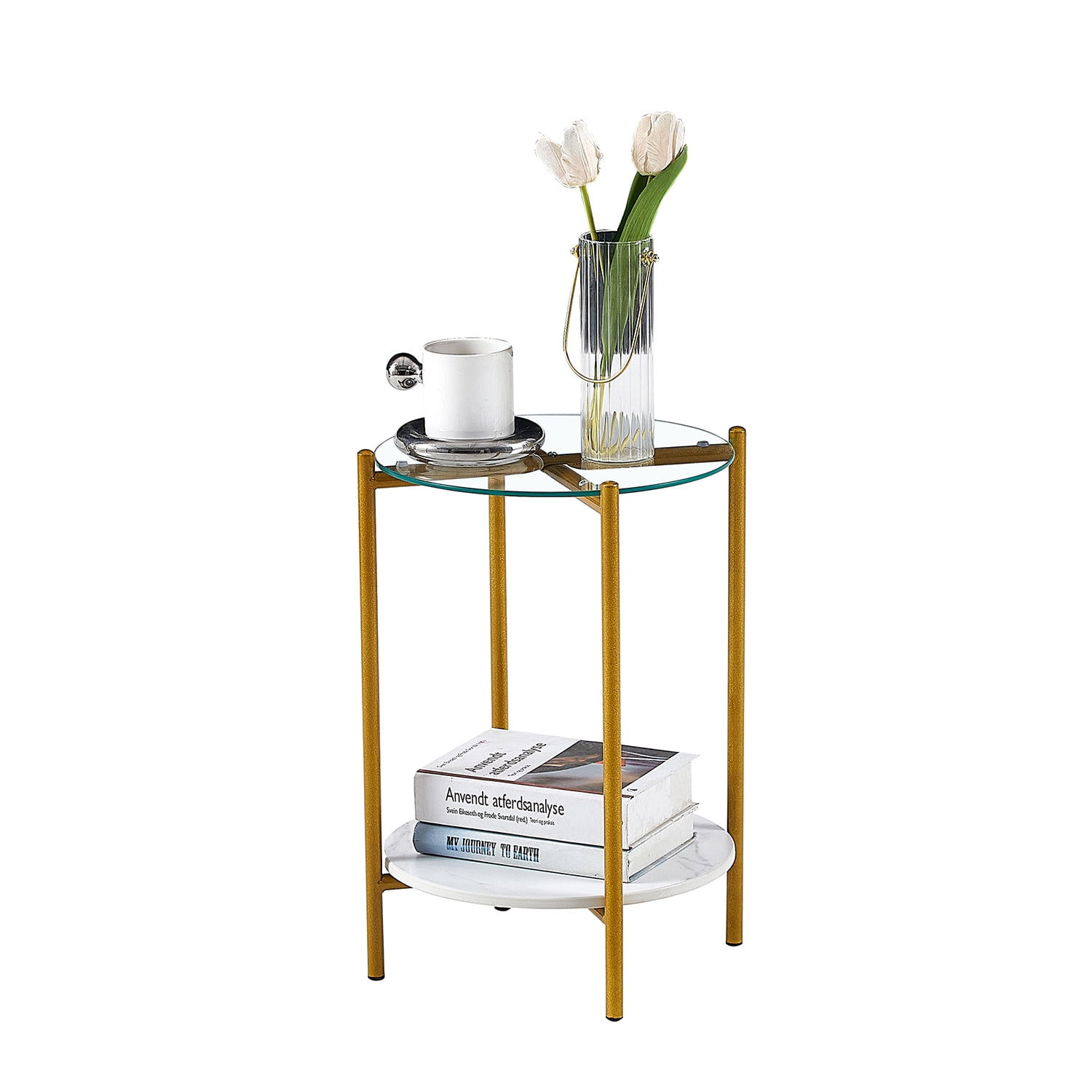 Kadyn 2-layer Round Coffee Table, Metal End Table with Tempered Glass and Marble Tabletop, Small Accent Sofa Table Side Snack Table for Living Room, White Kadyn 2-layer Round Coffee Table, Metal End Table with Tempered Glass and Marble Tabletop, Small Accent Sofa Table Side Snack Table for Living Room, White