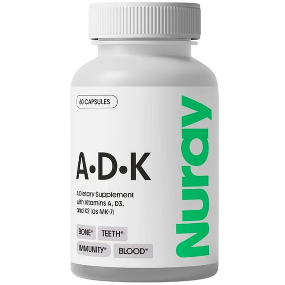 Nuray ADK Supplement - Essential Vitamin Complex for Immune Support, Bone Health, Teeth and Energy - With Vitamin A, D3, & K2 (as MK-7) - Vegetarian, Gluten Free & Soy Free - 60 Capsules