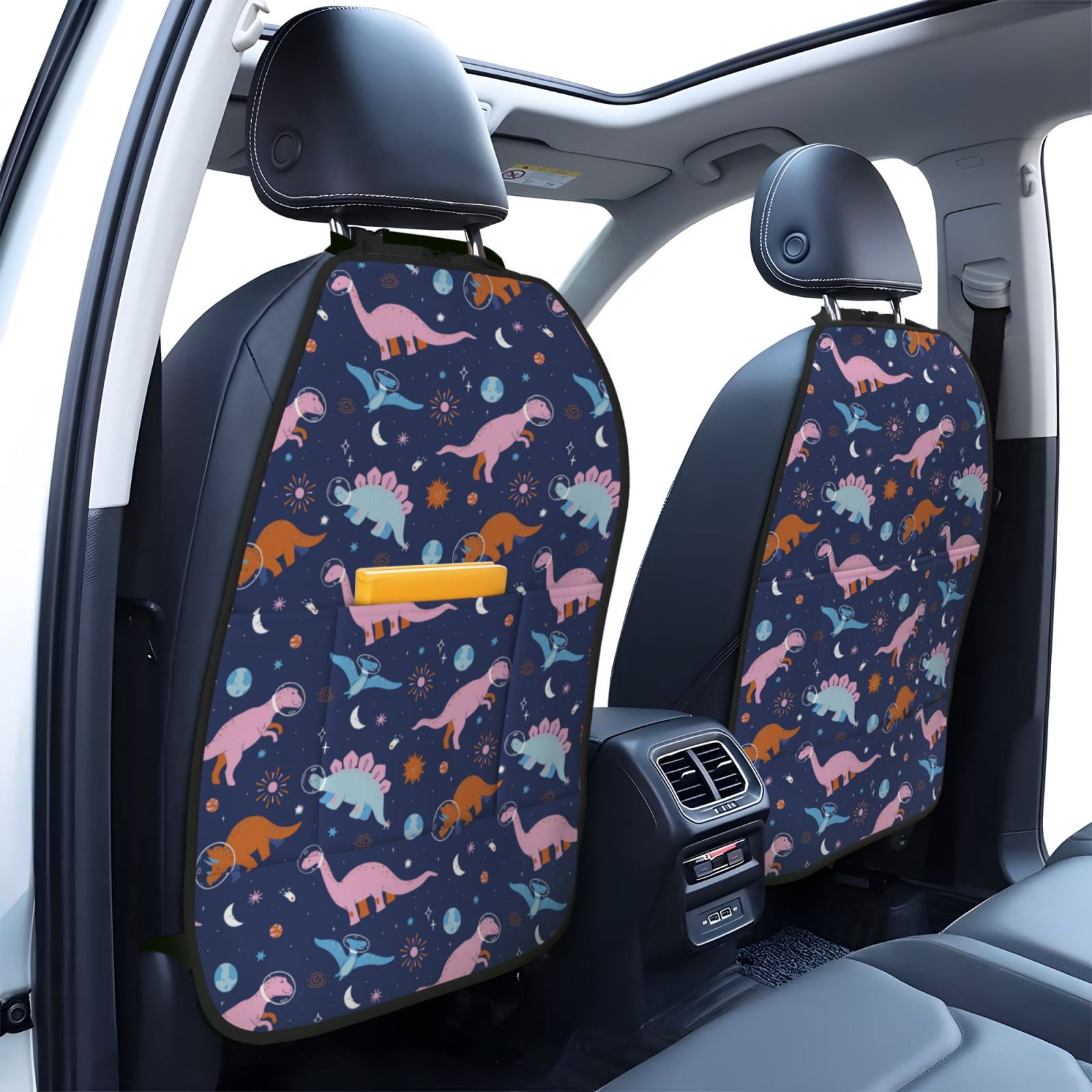 Kdxio Dinosaur Print 2 Pack Car Kick Mat Seat Cover Back Protector Mat with Pockets for Organizer Backseat Protector and Storage Anti Kick Pad for Vehicles