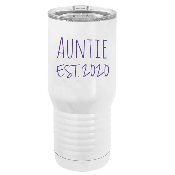 Auntie Est. 2020 Established Stainless Steel Vacuum Double-Walled Insulated 20 Oz Tumbler Travel Coffee Mug with Clear Lid, White