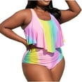 thumbnail image 5 of Aboser Women Double Layer Blouson Swimsuit Trendy Rainbow Print Bikini Sets Tiered Swim Tank Top with Shorts Swimwear Summer Boho Beachwear, 5 of 9