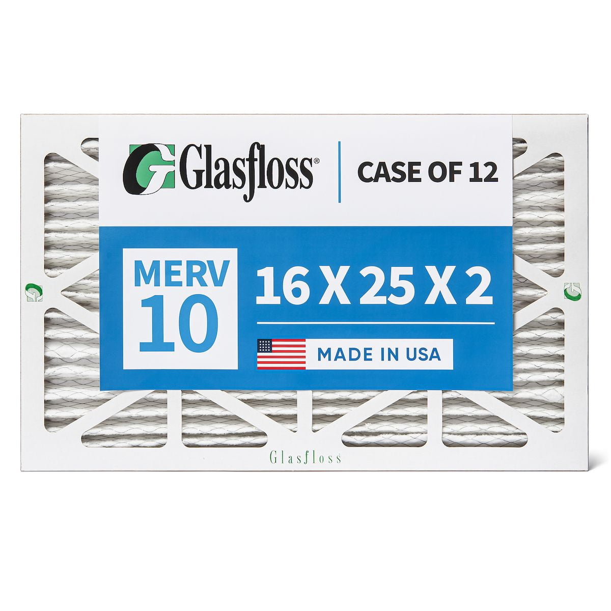 12 Pack of 16x25x2 MERV 10 Pleated 2" Inch Air Filters by Glasfloss. Actual Size: 15-1/2 x 24-1/2 x 1-3/4