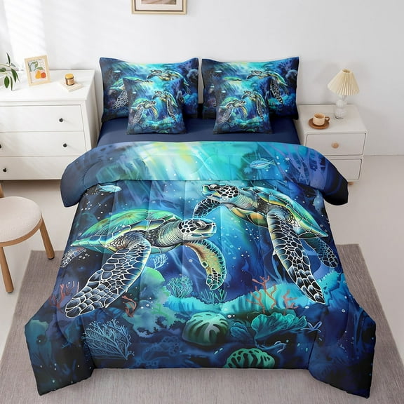 Erosebridal Sea Turtle Bedding Sets Twin Size For Teens,Marine Wildlife Comforter Sets With Sheets,Underwater World Bedroom Decor,Reversible,Breathable,7Pcs