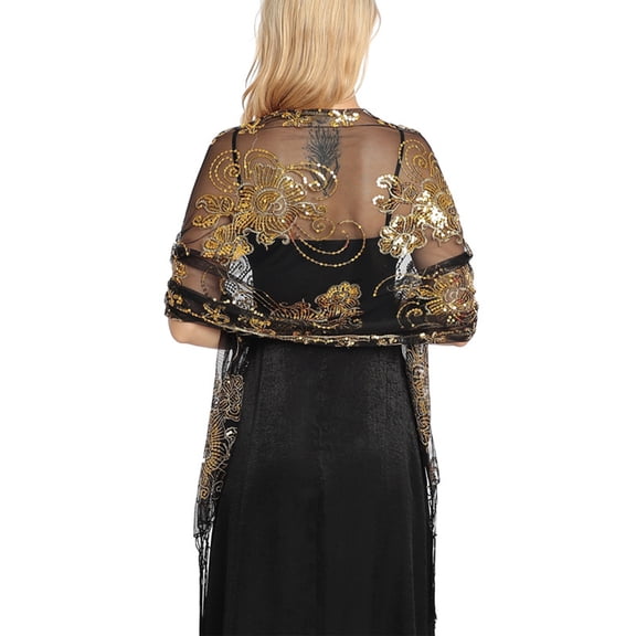Women's Sparkly Butterfly Sequin Shawl Evening Wedding Party Fringed Cape Wrap Yellow One Size