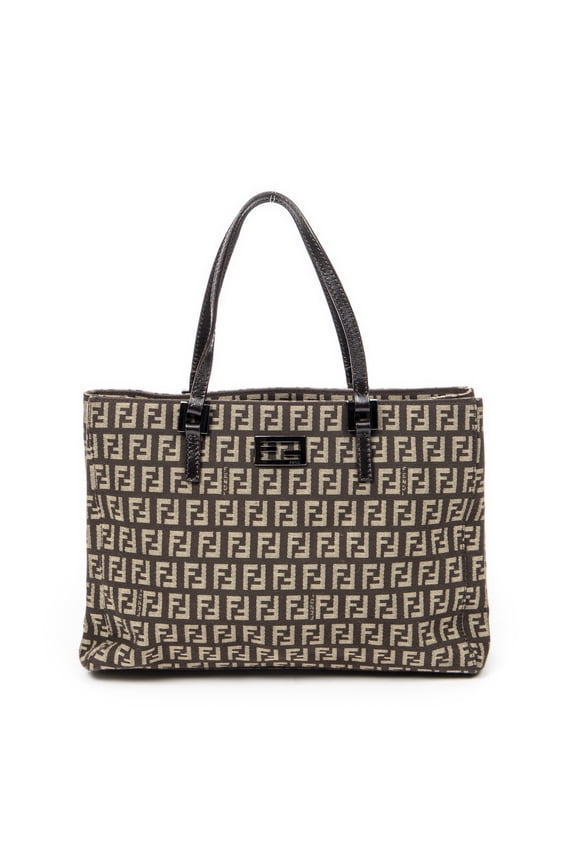 Pre-Owned Fendi Beige/Dark Brown Small Square Open Tote Handbag Zucchino Canvas