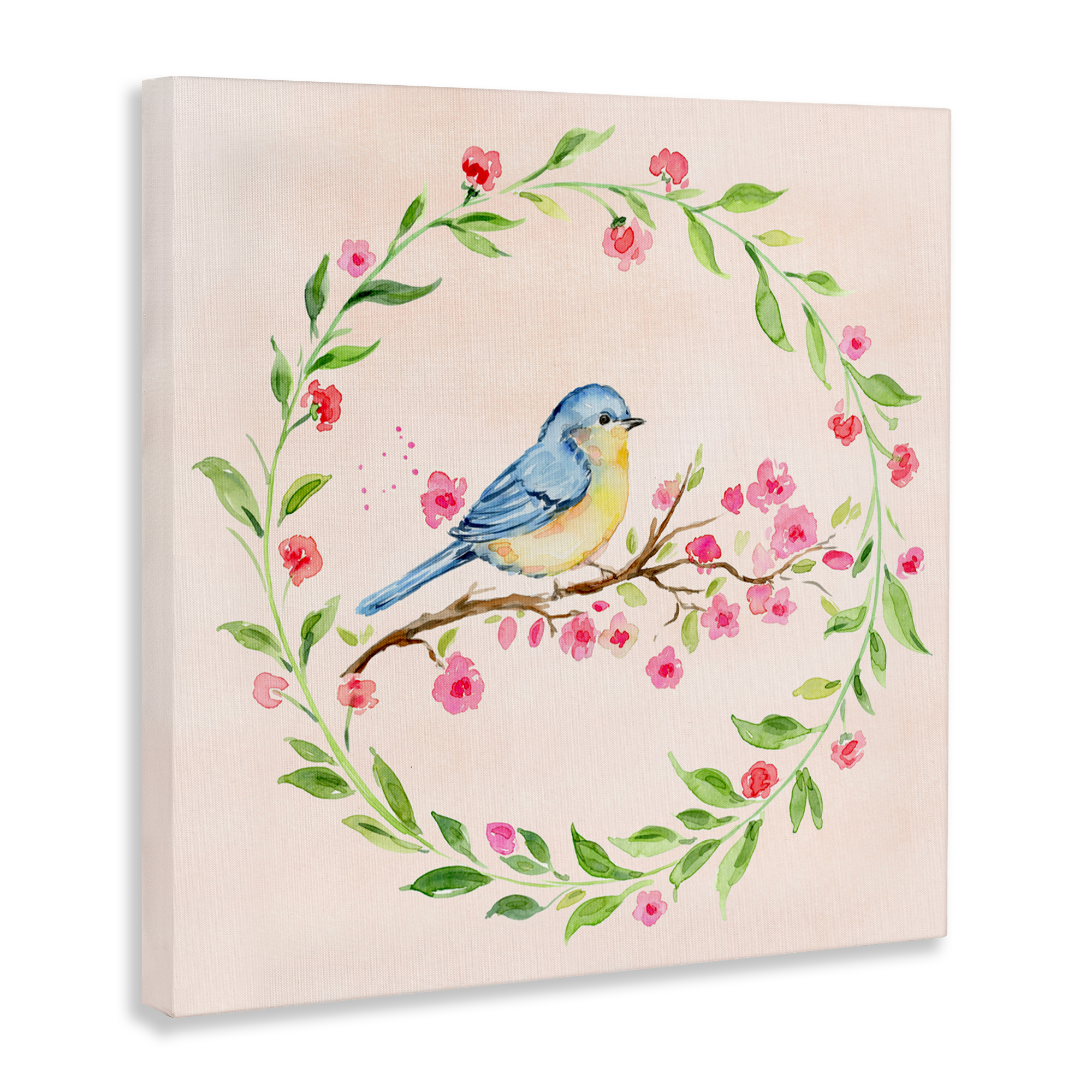 Spring Bird Wreath Perch Canvas Wall Art, design by Elena Fay