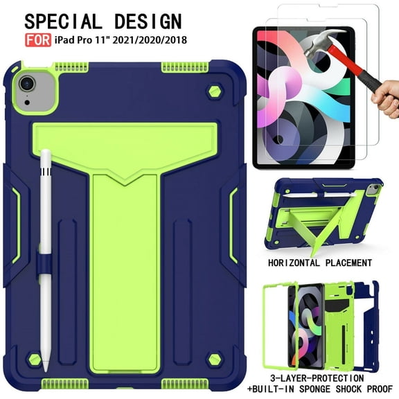 iPad Pro 11 (2021 / 2020 / 2018) Case with 2PCS Tempered Glass Screen Protector - Epicgadget protective Cover with Kickstand, Pencil Holder Tempered Glass Film for iPad Pro 11-inch (Navy Blue/Green)