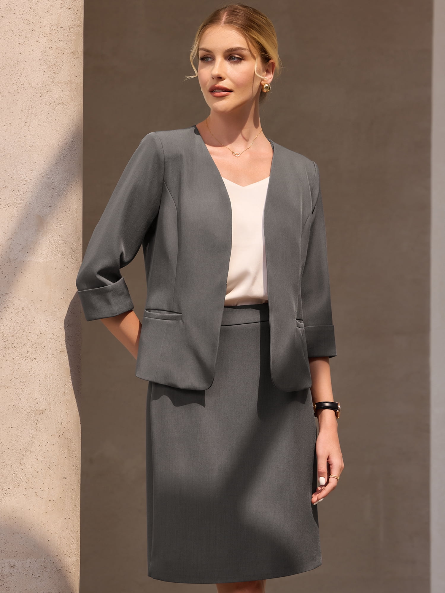 DARING DIVA Women's 2 Pieces Blazer and Skirt Work Business Outfits 2XL Grey