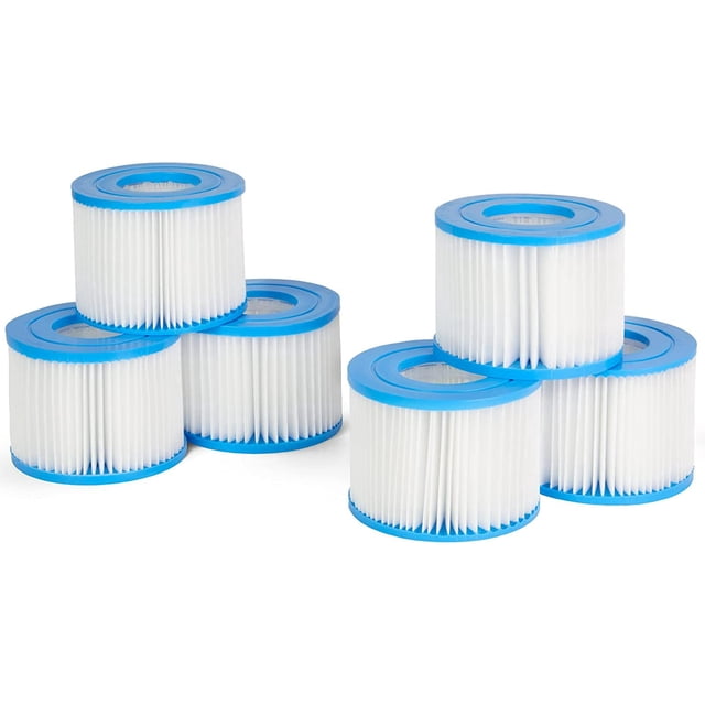 paquete de 6 filtros para jacuzzi tipo vi para coleman saluspa lay-z-spa, bestway, filtro para spa y piscina Seis cartuchos tipo VI, vista frontal y lateral, cilindros plisados blancos con anillos azules superior e inferior; diámetro anillo exterior 4-3/16", interior 2", altura 3-1/8", 70 pliegues y área de filtración 3 pies cuadrados; compatible con Coleman, SaluSpa, Lay-Z-Spa, Bestway e Intex; también se usan como repuesto práctico para mantenimiento regular.