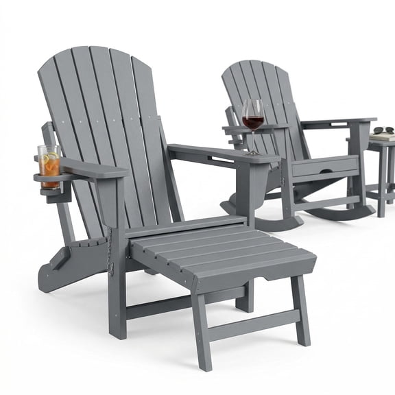 4-in-1 Folding Adirondack Rocking Chair with Retractable Ottoman & Dual Cup Holders, 380 Lbs Heavy Duty HDPE Patio Lounge Chair, All-Weather Plastic Outdoor Rocker for Porch, Deck