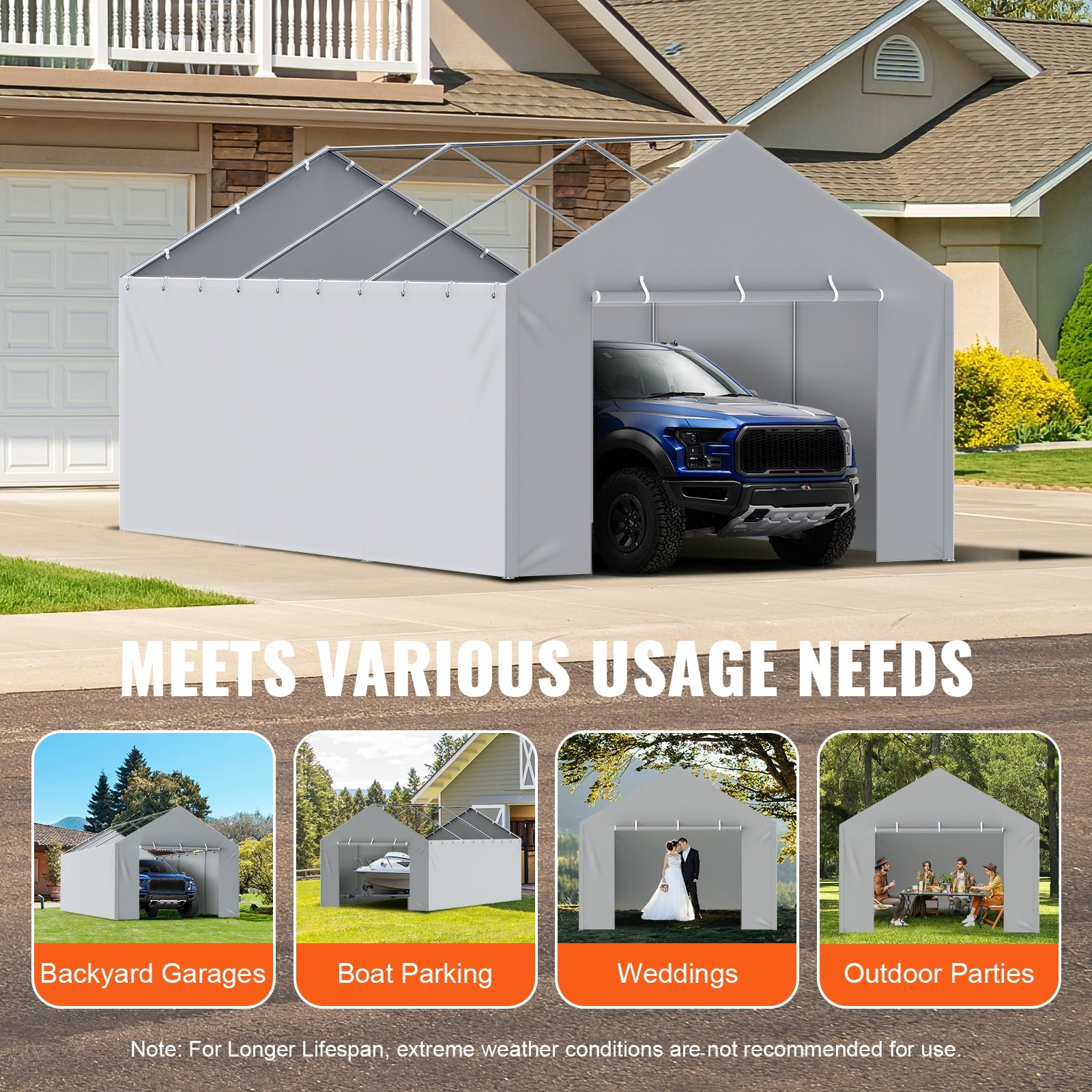 KFFKFF 12 x 20 ft Carport Replacement Canopy Gray Side Wall Car Parking