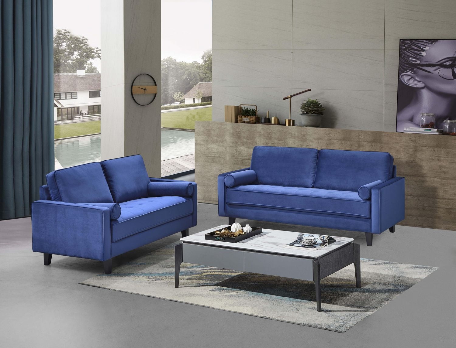 Topline Home Furnishings 2-piece Set: Sofa & Loveseat, Blue Velvet