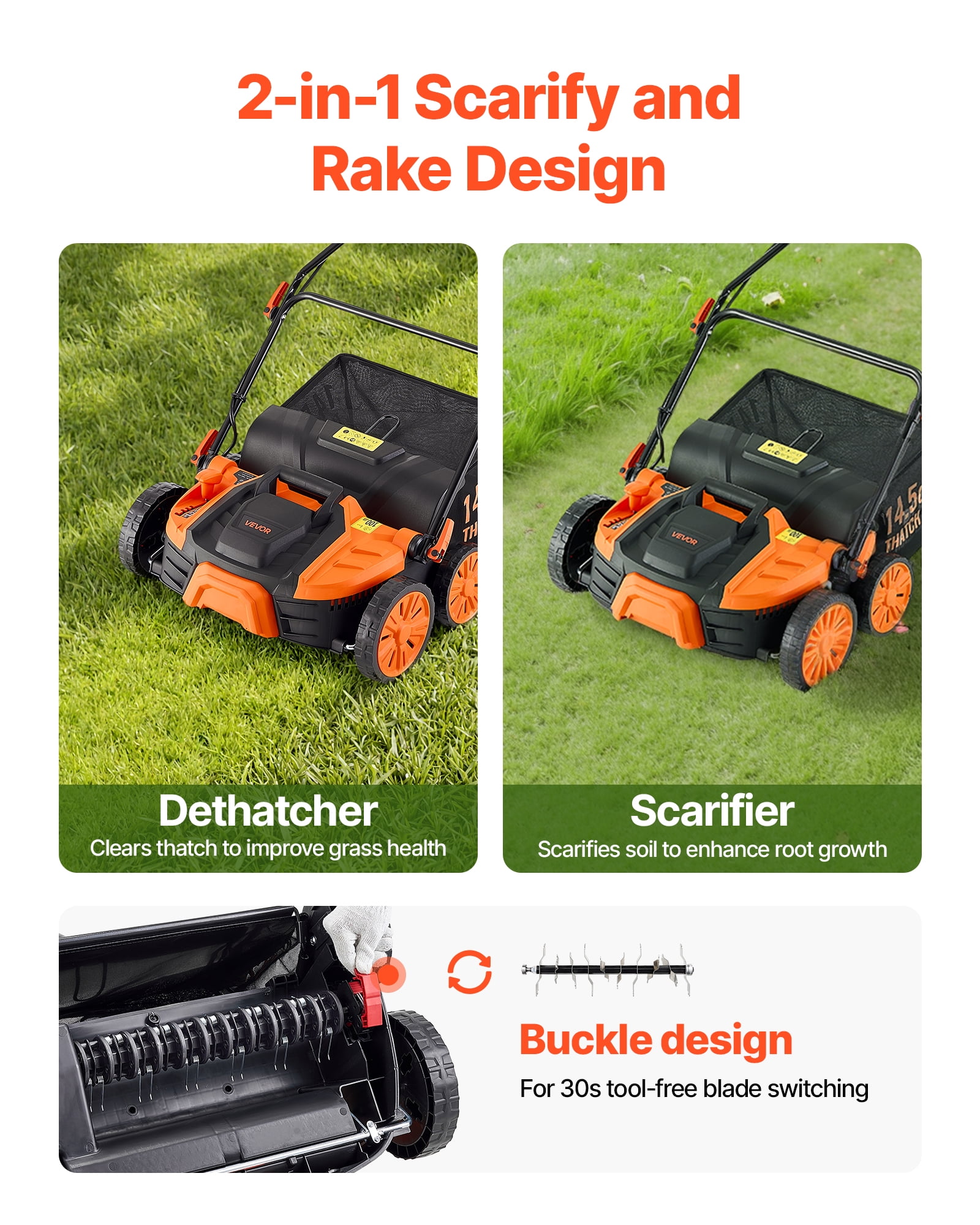 VEVOR 2-in-1 Electric Dethatcher and Scarifier, 16-Inch 15 Amp, Corded Lawn Dethatcher with 14.5-Gallon Thatch Collection Bag, 5-Position Depth Adjustment, Walk Behind Machine for Garden Yard Grass