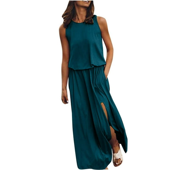 fartey Summer Tank Dresses for Women Solid Color Sleeveless Crewneck Maxi Dress with Pockets Tunic Pleated Side Split Hem Sundress