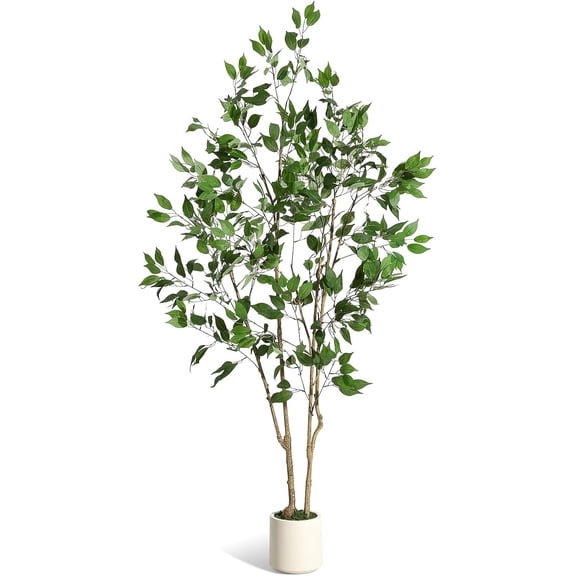 6FT Ficus Trees Artificial Indoor, Faux Silk Plant with Natural Wood Trunk and Lifelike Fruits, White Imitation Ceramic Planter with Green Fake Moss for Modern Home Office Living Room Decor