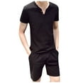 thumbnail image 3 of Meitianfacai Short Sets Men 2 Piece Outfits Mens Cotton Linen Set Solid Color Short-Sleeved T-Shirt Large Size Casual Set Vacation Outfits Black, 3 of 7
