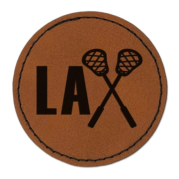 LAX Lacrosse Crossed Sticks 2.5" Faux Leather Round Engraved Iron-On Patch - Brown