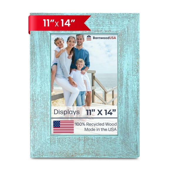 BARNWOODUSA Farmhouse Picture Frame, 1 1/2" inch Molding - 100% Up-cycled Reclaimed Wood (11x14, Robins Egg Blue)