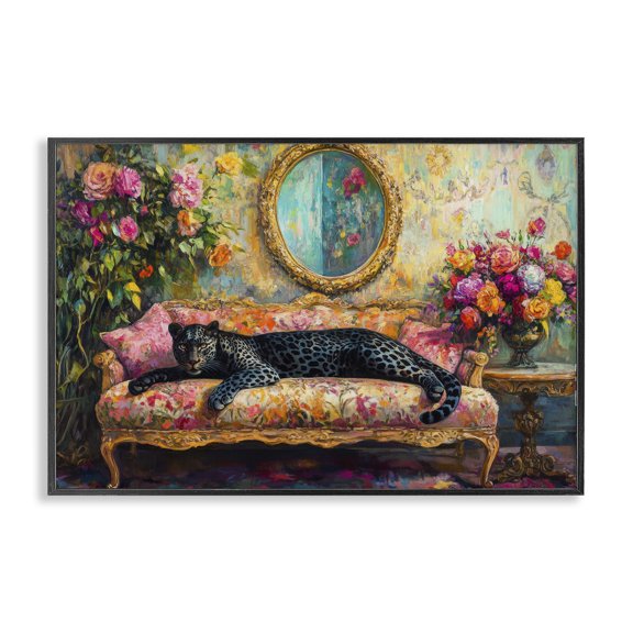 Stupell Industries Traditional Lounging Leopard on Floral Sofa Black Framed Giclee Art, 18 x 12, by Petals Prints Design