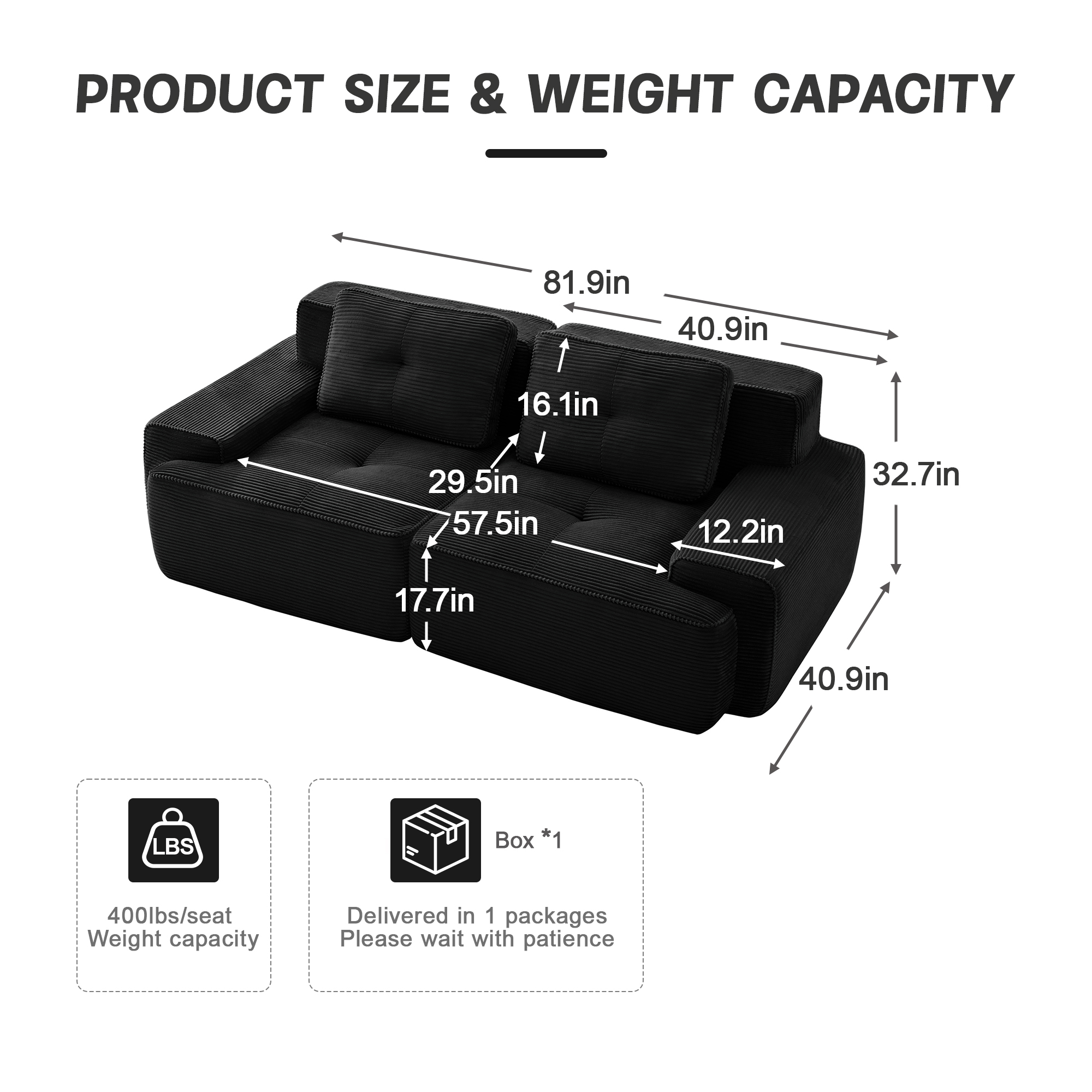 Yoneston 82" Modular Sectional Sofa 2 Seater Couch with Cushions, No Assembly Corduroy Loveseat Sofa for Living Room Bedroom Apartment, Black