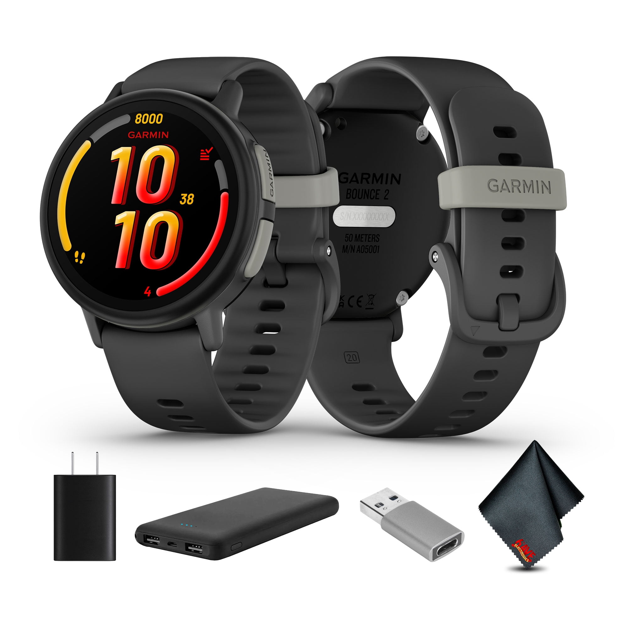 Garmin Bounce 2, Kids Smartwatch with Calling, Messaging and Location Tracking Features, Slate Gray Bundle With USB Wall Charger + More