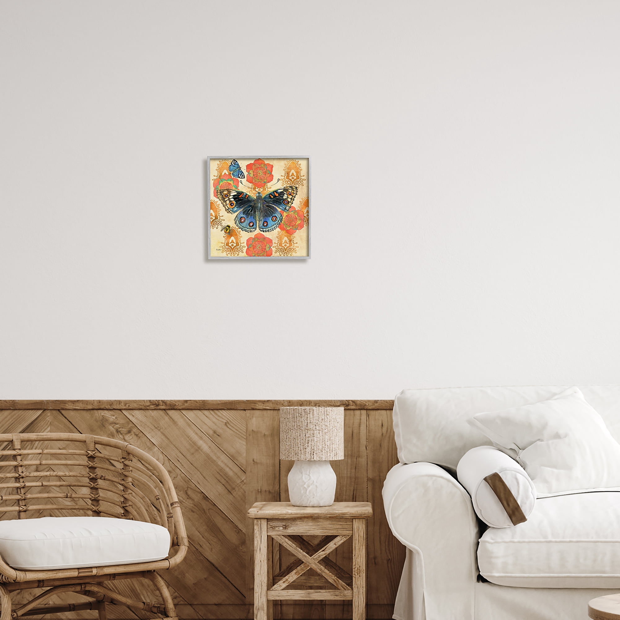 Stupell Butterfly Damask Floral Shapes Animals & Insects Painting Gray Framed Art Print Wall Art