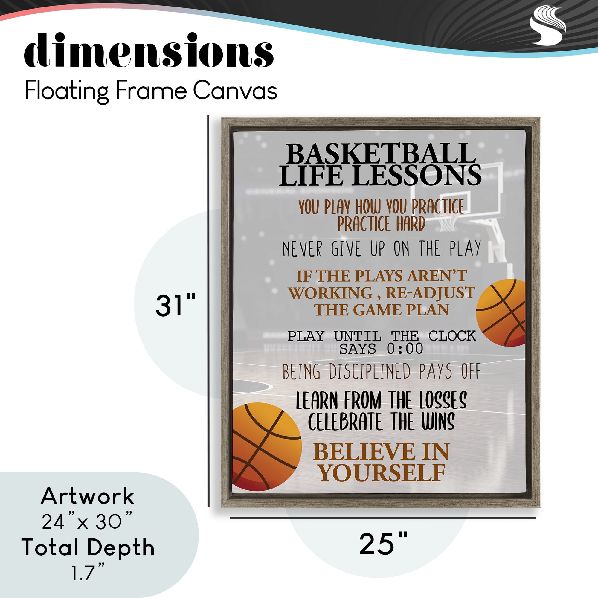 Basketball Life Lessons Brown Framed Floater Canvas Wall Art, design by Kim Allen