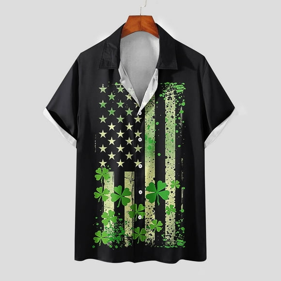Styesk T Shirts for Man Men's St. Patrick's Day Printing Button Casual Short Sleeve Turndown Collar Blouse Shirt