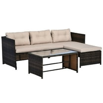 3 Piece Patio Furniture Set, Rattan Outdoor Sofa Set with Chaise Lounge & Loveseat, Soft Cushions, Tempered Glass Table, L-Shaped Sectional Couch, Beige