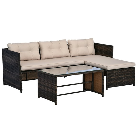 3 Piece Patio Furniture Set, Rattan Outdoor Sofa Set with Chaise Lounge & Loveseat, Soft Cushions, Tempered Glass Table, L-Shaped Sectional Couch, Beige