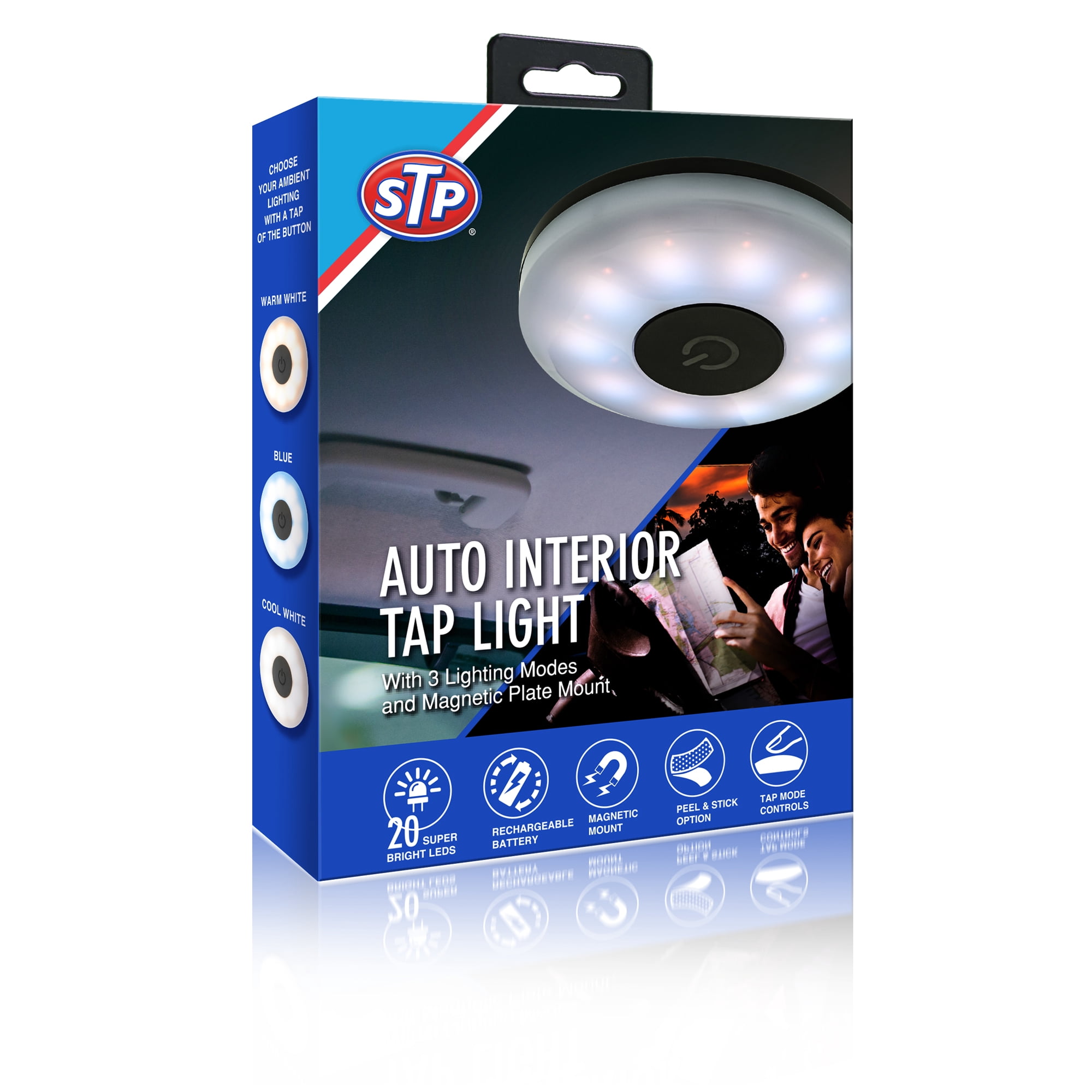 STP Home/Auto Interior LED Tap Light, 3 Unique Modes, Magnetic Plate Mount, Rechargeable