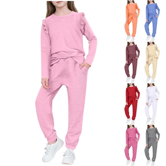 HBGVBA Kids 2 Piece Set Solid Color Ruffle Sleeve Crewneck Top with Pocket and Pants Casual Winter Loungewear for 4-13 Years