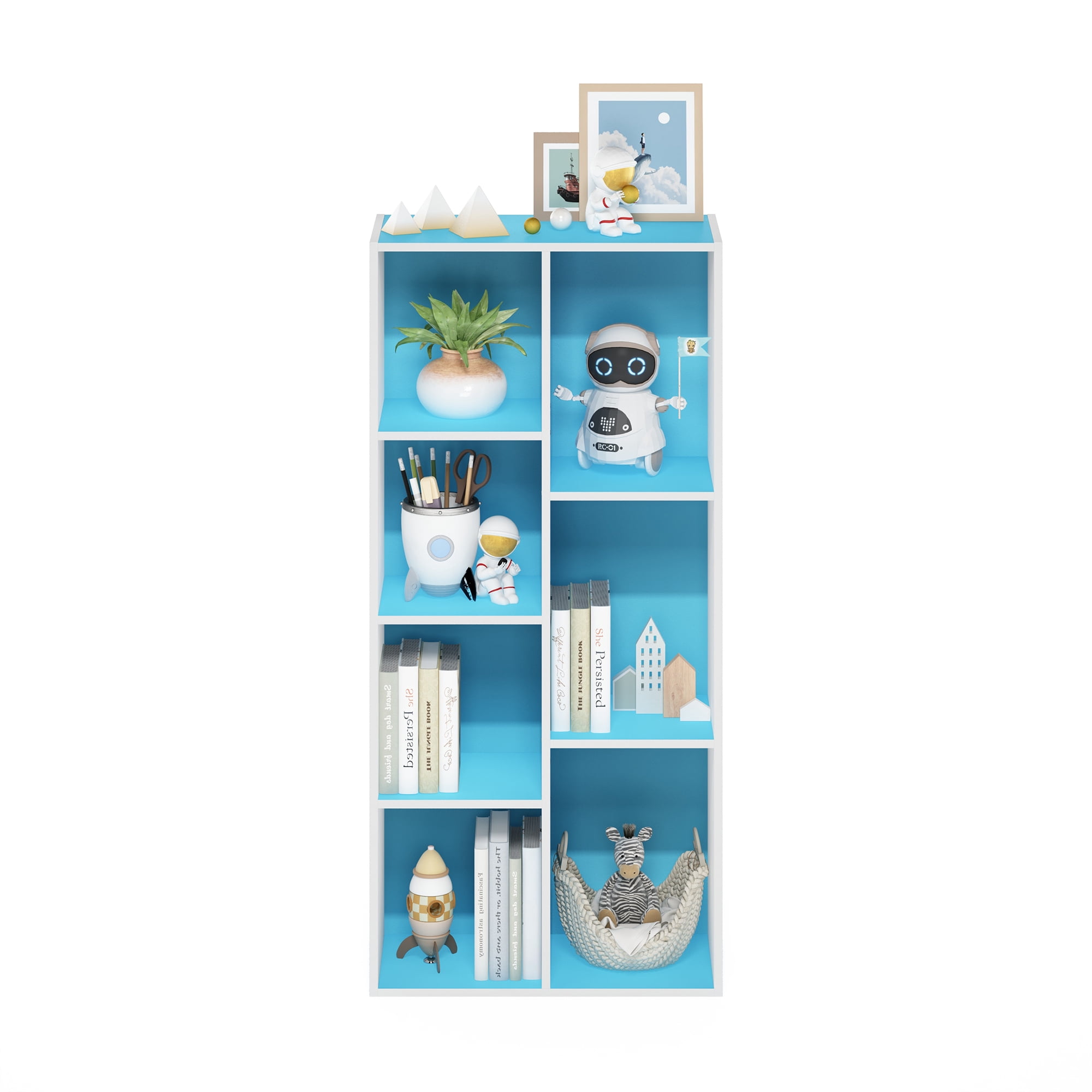 Furinno LUDER 7-Cube Open Shelves Bookcase 9.4 x 19.5 x 41.7 White/Light Blue