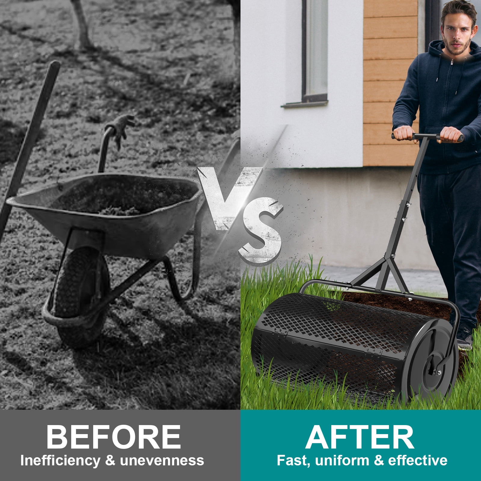 Maylaviu 36-Inch Compost & Peat Moss Spreader, Lawn Roller Spreader with Adjustable T-Handle, Heavy-Duty Steel Mesh Basket for Topdressing, Black