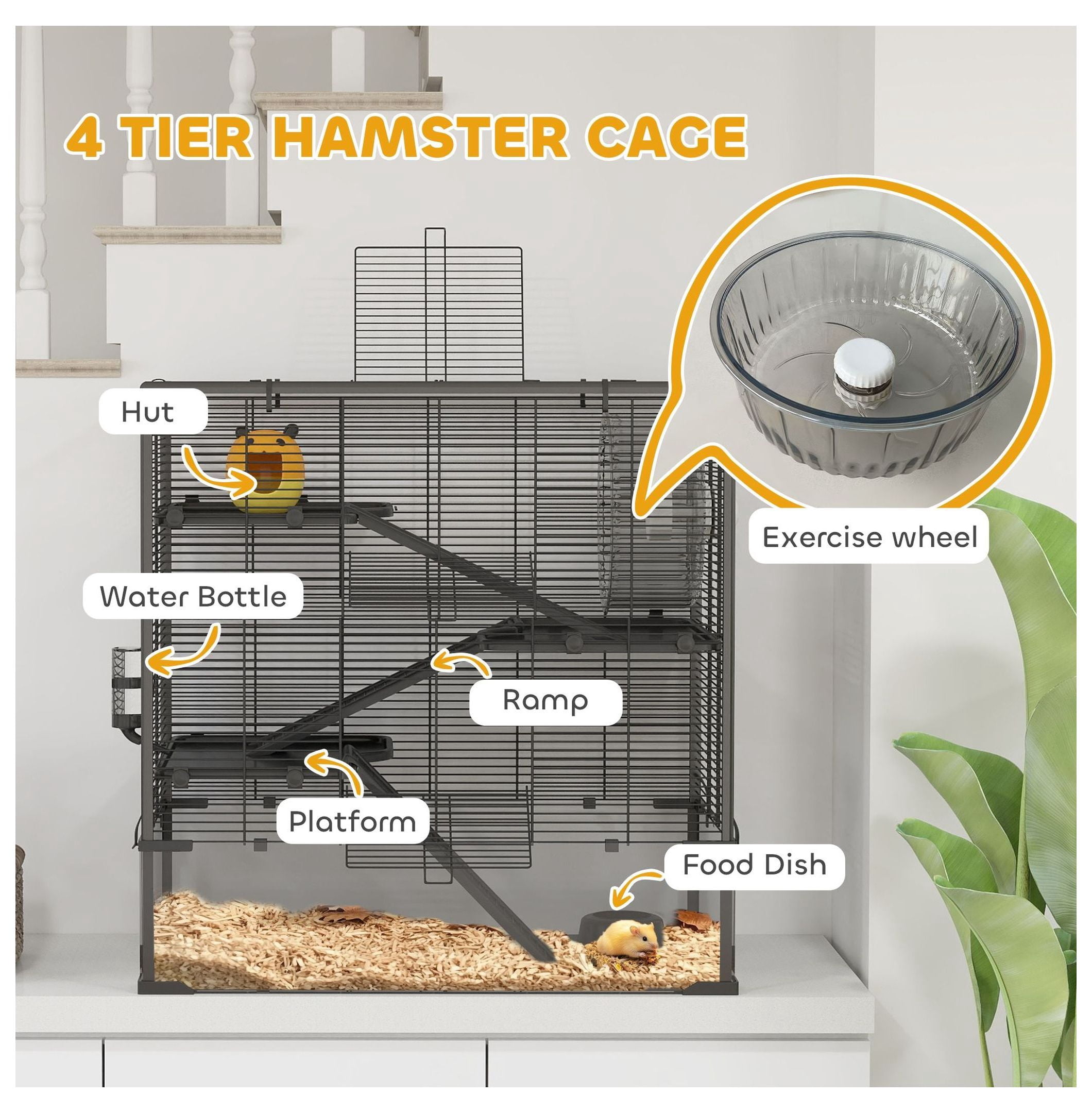 Hamster Cage 4 Tier with Deep Glass Bottom, Wheel, Hut - Rat & Gerbil Habitat