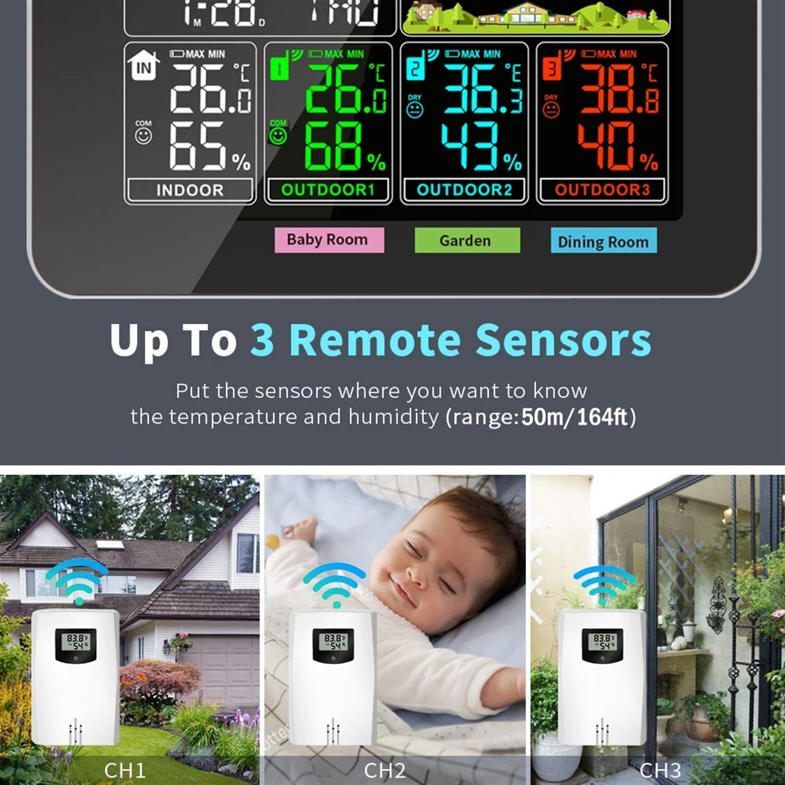 Weather Stations Wireless Indoor Outdoor Temperature Humidity VA Color Display Weather Forecast Barometric Pressure Alarm Clocks ,High Precision