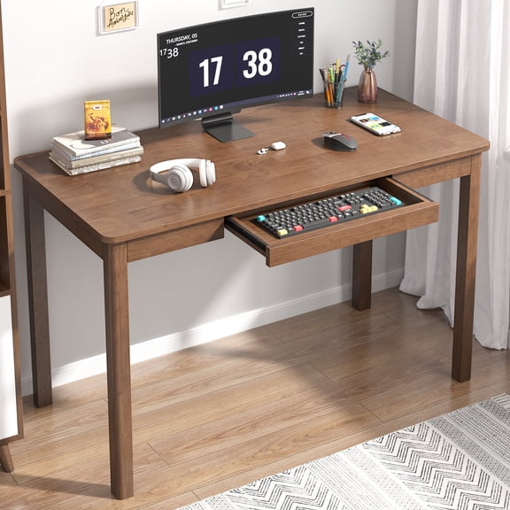 BESKADI 100% Solid Wood Desk with Keyboard Tray - 48 x 24 Inch Computer Desk with Keyboard Tray, Mid Century Modern Writing Desks, Simple Study Table Home Office Desks for Small Spaces|Bedroom-Walnut