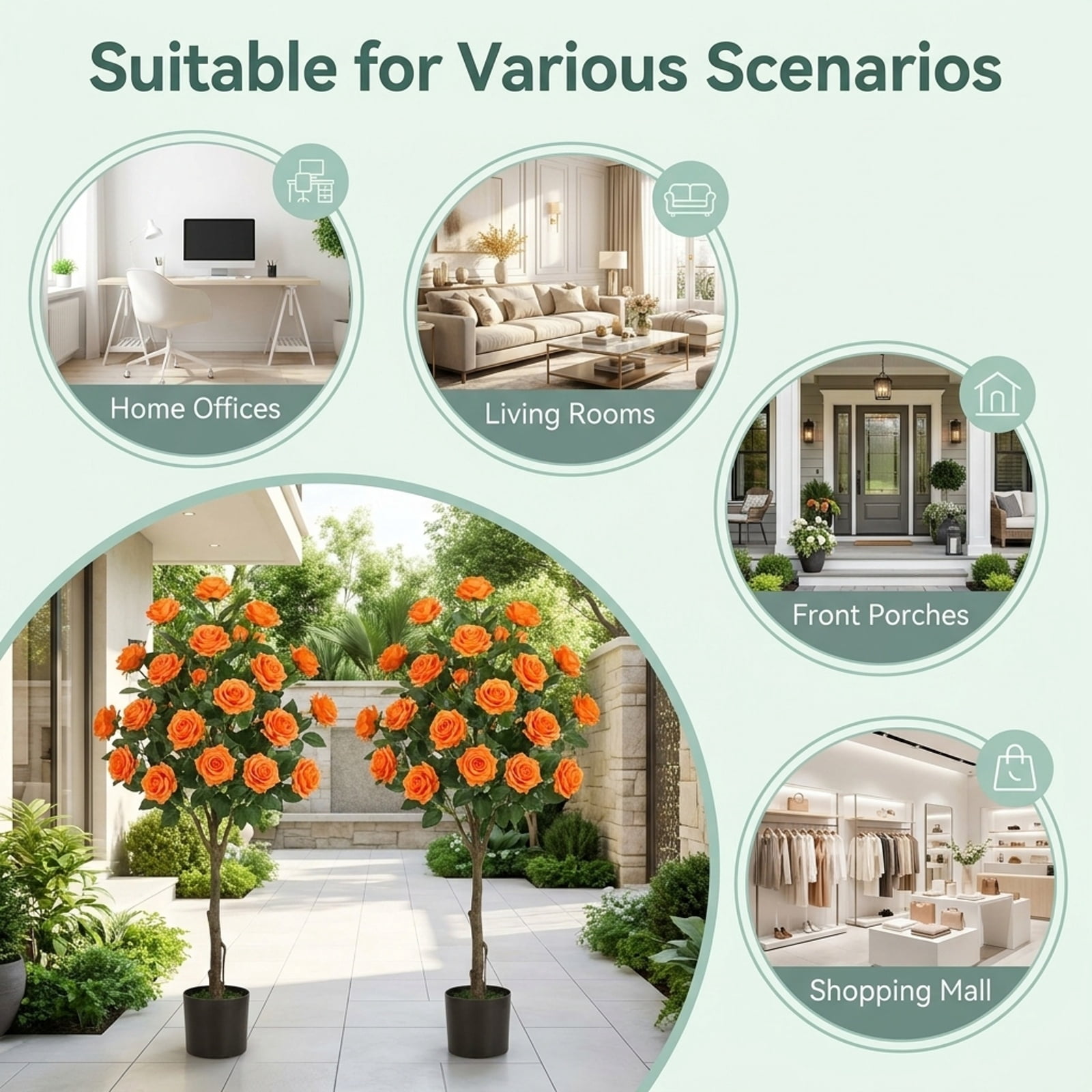 Vebreda Artificial Plant Decor, 39.5" Artificial Camellia Tree with Orange Blossoms in Cement Pot for Home Decoration, Selected Materials