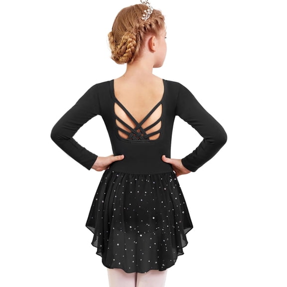Arshiner Girls Long Sleeve Ballet Leotards with Shinny Skirts Criss-Cross Back Dance Dresses