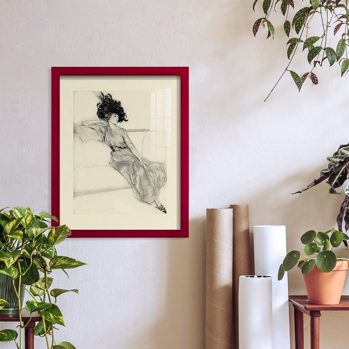 Feather Hat I -Framed Print w/glass-Cherry Red
