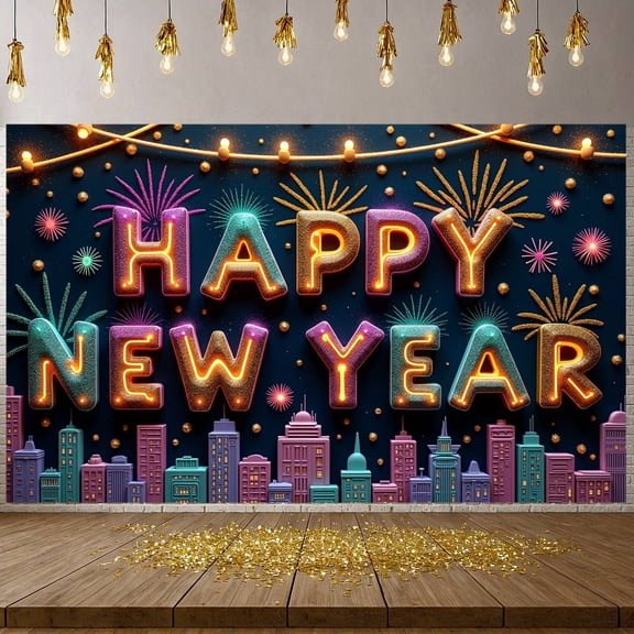 Neon Light Happy New Year Banner Colorful New Year Display Sparkling Firework Design Festive Backdrop for New Year Party Holiday Celebration Indoor Decoration